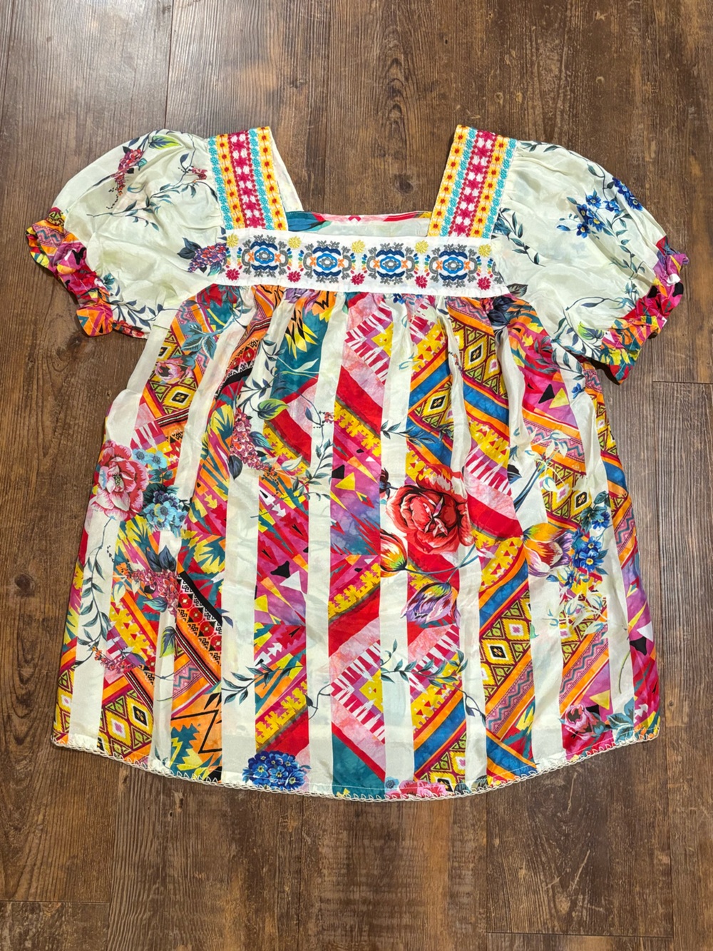 Johnny Was Multicolor Floral Embroidered Blouse - Teal, Yellow, Pink